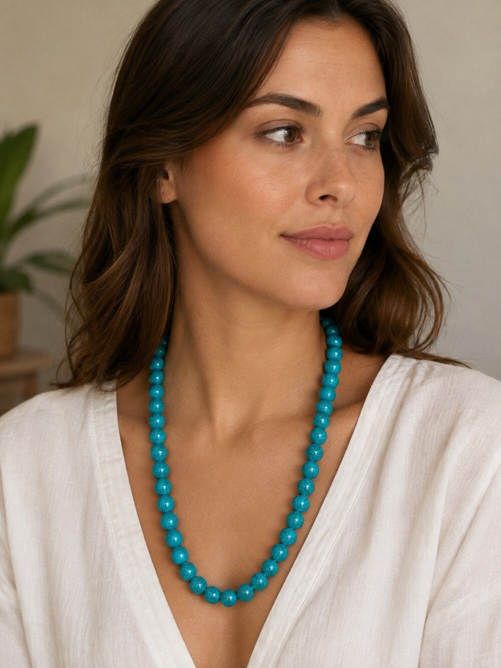 Turquoise Blue Howlite Beaded Necklace Round Stone Beads Boho Southwestern
